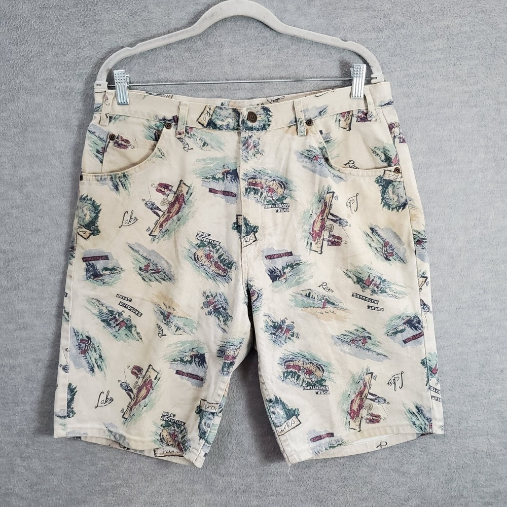 VINTAGE Sostanza Men Shorts 36 Beige Denim Fishing Adventure Allover Print USA *